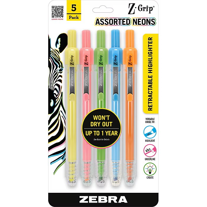 Surligneur Zebra Z-Grip - Paquet de 5 - Couleurs Néon