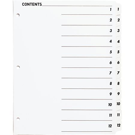 Printable Tab Dividers 12 Tabs 1-12 white. 1 set