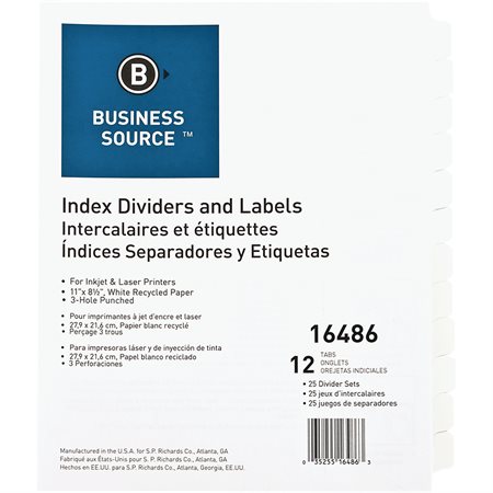 Printable Divider 3-hole punched. 25 sets. 12 tabs