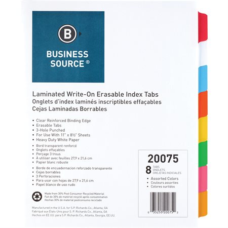 Laminated Tab Dividers Assorted colours 8 tabs