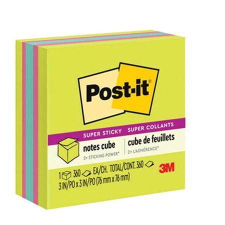 Feuillets Post-it® Super Sticky Cubes 3 x 3 po vert, fushia, aqua