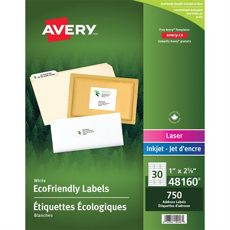 EcoFriendly White Mailing Labels Package of 25 sheets 2-5 / 8 x 1" (750)