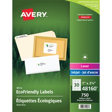 EcoFriendly White Mailing Labels Package of 25 sheets 2-5/8 x 1" (750)