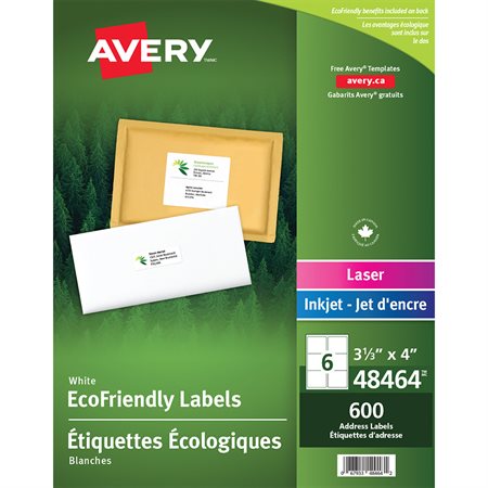 Étiquettes d'adresse blanches Écologiques Boîte de 100 feuilles 3-1 / 3 x 4" (600)