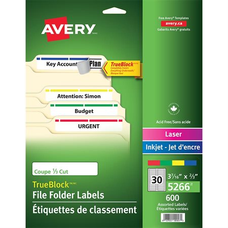 Étiquettes de classement TrueBlock™ Paquet de 600, 20 feuilles. variés