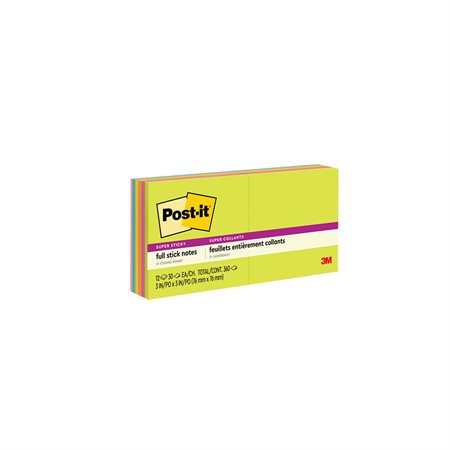 Feuillets entièrement collants Post-it® Super Sticky 3 x 3 po. Coupe de pouce - paquet de 12