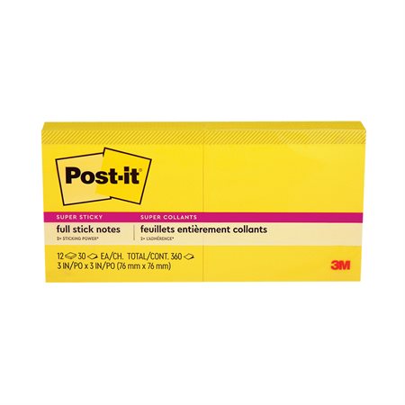 Post-it® Super Sticky Full Stick Notes 3 x 3 in. yellow - pack of 12