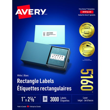 Étiquettes rectangulaires blanches Easy Peel® Boîte de 100 feuilles 2-5 / 8 x 1"  (3000)