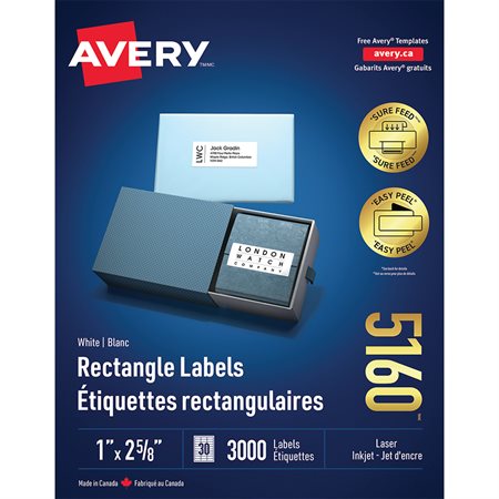 Étiquettes rectangulaires blanches Easy Peel® Boîte de 100 feuilles 2-5 / 8 x 1"  (3000)