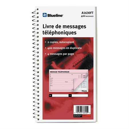 Livre de messages téléphoniques 400 messages. 11 x 5-11 / 16”. anglais