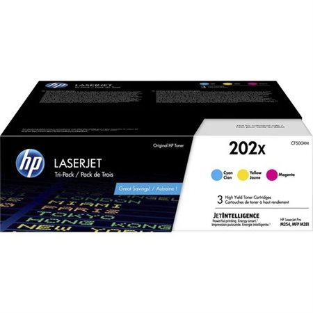 Cartouche de toner laser haute capacité HP 202X (CF500XM) originale - Pack de trois - Cyan, Magenta, Jaune