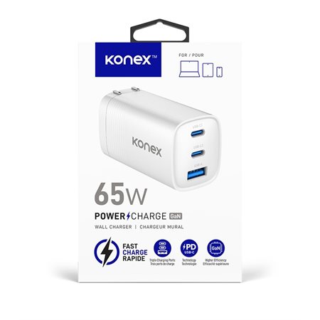 Chargeur mural 65W GaN USB-A + USB-C - Powercharge
