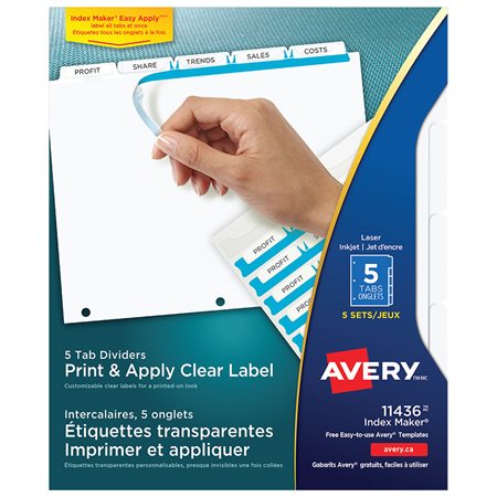 Index Maker® Dividers White. Easy Apply™. 5 sets. 5 tabs