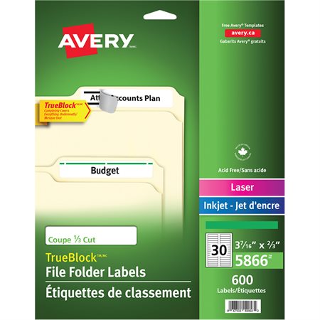 TrueBlock™ Filing Labels Package of 600, 20 sheets. green