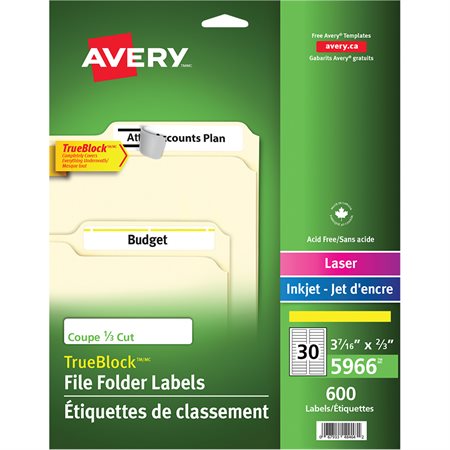 TrueBlock™ Filing Labels Package of 600, 20 sheets. yellow