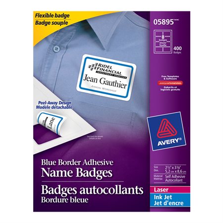 White flexible self-adhesive name badge With blue border