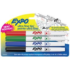 Marqueur effaçable à sec pour tableau blanc Expo® à faible odeur Ultra-fine. Paquet de 4 variés