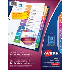 Intercalaires Ready Index® Couleurs variées. 6 jeux. Imprimés. 1 - 12