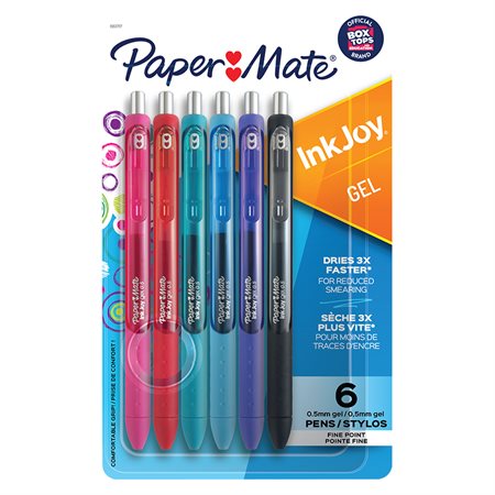 Stylo à bille rétractable InkJoy® gel 0,7 mm. Paquet de 6 couleurs variées