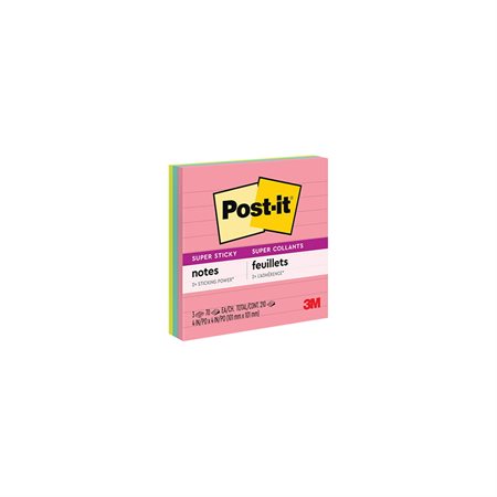 Feuillets Post-it® Super Sticky - collection Éclat de lumière 4 x 4 po, lignés bloc de 90 feuillets (pqt 3)