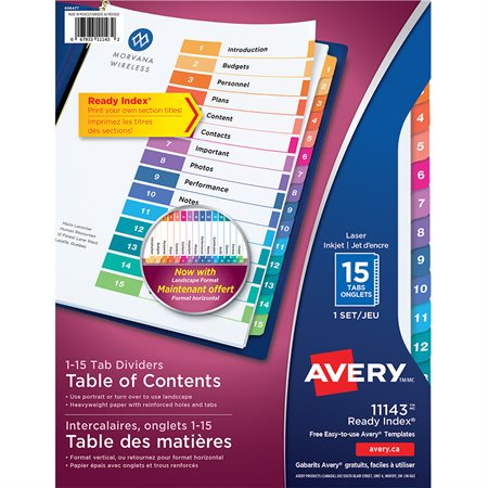 Intercalaires Ready Index® Couleurs variées. 1 jeu. Imprimés. 1-15