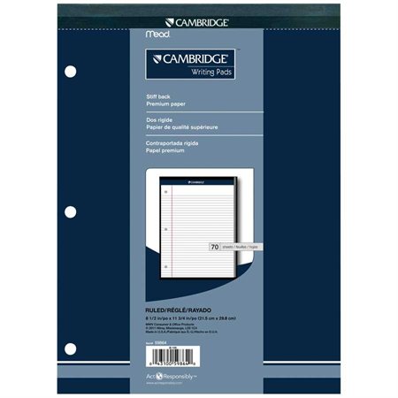 Bloc-notes de bureau Cambridge® Lettre. Ligné 5 / 16”, 3 perforations. 70 feuilles. blanc