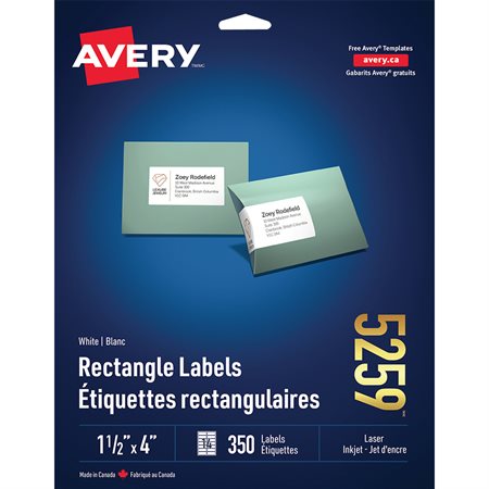 Étiquettes rectangulaires blanches Easy Peel® Paquet de 25 feuilles 4 x 1-1 / 2"  (350)