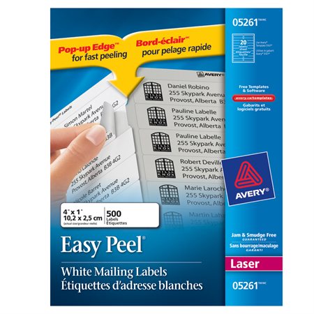 Étiquettes rectangulaires blanches Easy Peel® Paquet de 25 feuilles 4 x 1” (500)