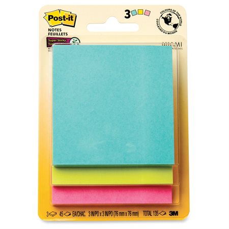 Feuillets Post-it® Super Sticky - collection Éclat de lumière 3 x 3 po. bloc de 45 feuillets (pqt 3)