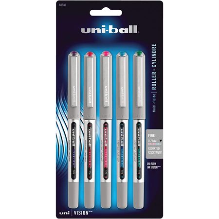 Stylo à bille roulante Vision™ Pointe fine. Paquet de 5 couleurs variées