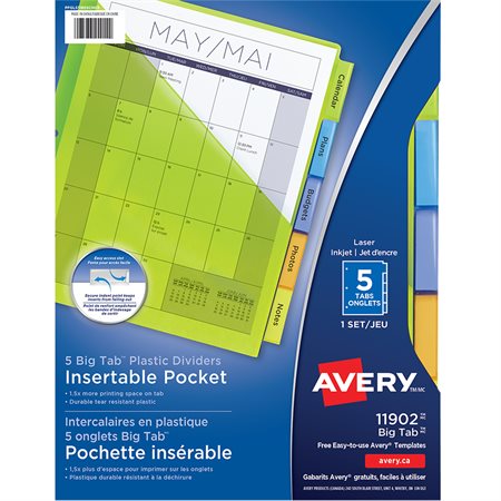 Intercalaires insérables Big Tab™ en plastique avec pochette, jeu de 5 onglets.