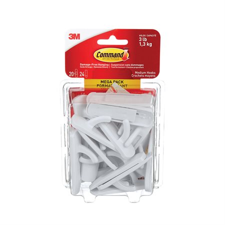 Command™ Adhesive Hooks 20 medium hooks with 24 strips Holds 3lb. White