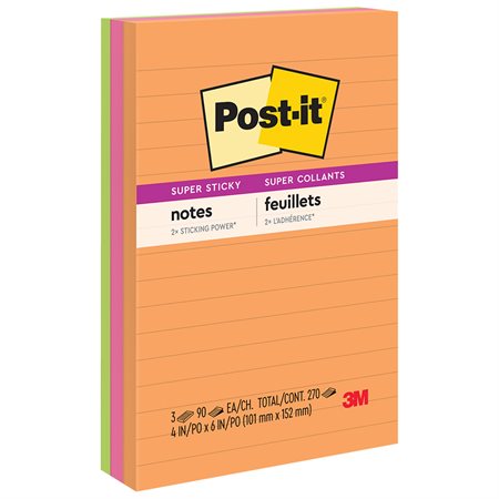 Feuillets Post-it® super collants - collection coup de pouce 4 x 6 po, lignés bloc de 90 feuillets (pqt 3)