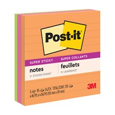 Feuillets Post-it® super collants - collection coup de pouce 4 x 4 po, lignés bloc de 90 feuillets (pqt 3)