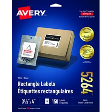 Étiquettes rectangulaires blanches Paquet de 25 feuilles 4 x 3-1/3" (150)