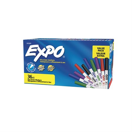 Marqueur effaçable à sec pour tableau blanc Expo® à faible odeur Ultra-fine. Boîte de 36 couleurs assorties