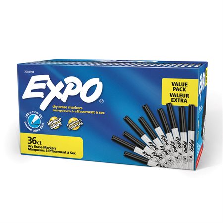 Marqueur effaçable à sec pour tableau blanc Expo® à faible odeur Ultra-fine. Boîte de 36 noir