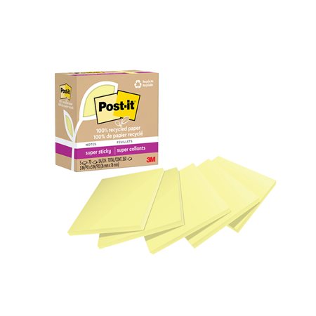 Feuillets recyclés Post-it® Super Sticky - Jaune canari 3 x 3 po. Uni. paquet de 5, bloc de 70 feuilles