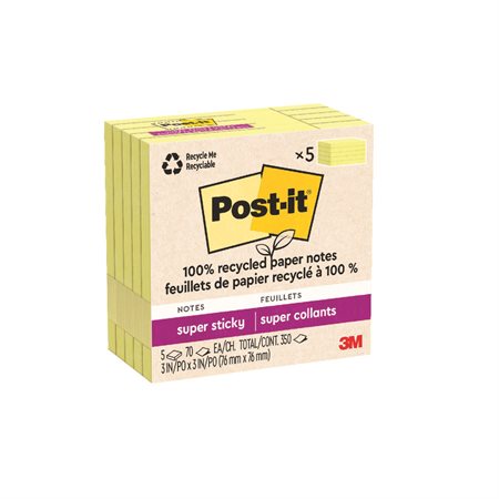 Feuillets recyclés Post-it® Super Sticky - Jaune canari 3 x 3 po. Uni. paquet de 5, bloc de 70 feuilles