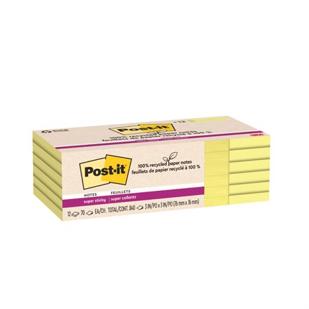 Feuillets recyclés Post-it® Super Sticky - Jaune canari 3 x 3 po. Uni. paquet de 12, bloc de 70 feuilles