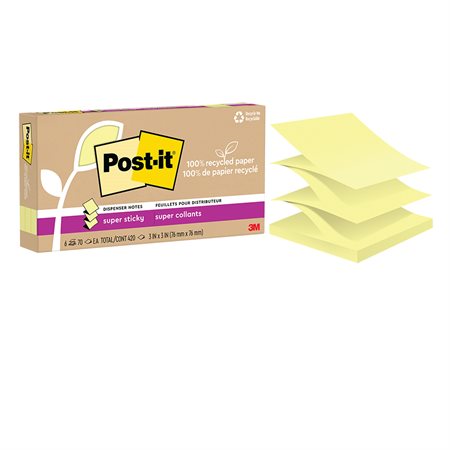 Feuillets recyclés Post-it® Super Sticky - Jaune canari 3 x 3 po. Éclair paquet de 6, bloc de 70 feuilles