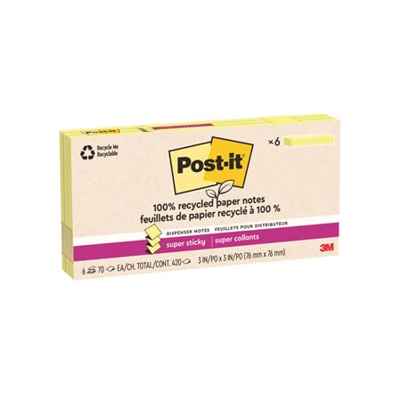 Feuillets recyclés Post-it® Super Sticky - Jaune canari 3 x 3 po. Éclair paquet de 6, bloc de 70 feuilles