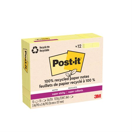 Feuillets recyclés Post-it® Super Sticky - Jaune canari 3 x 5 po. Uni. paquet de 12, bloc de 70 feuilles