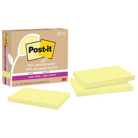 Feuillets recyclés Post-it® Super Sticky - Jaune canari 3 x 5 po. Uni. paquet de 12, bloc de 70 feuilles