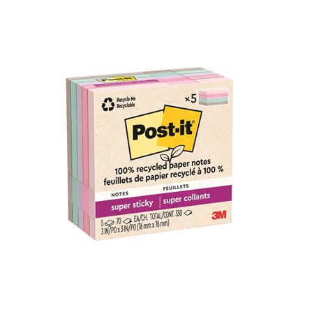 Feuillets recyclés Post-it® Super Sticky - La vie en pastel 3 x 3 po. Uni. paquet de 5, bloc de 70 feuilles