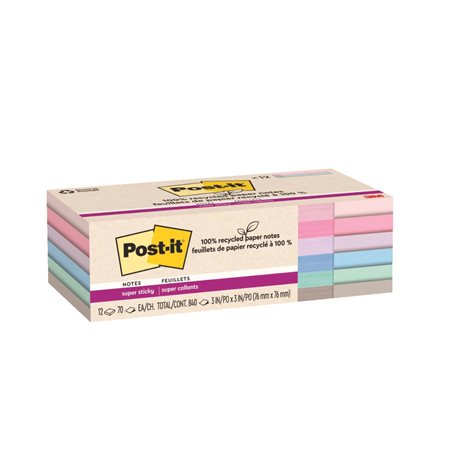 Feuillets recyclés Post-it® Super Sticky - La vie en pastel 3 x 3 po. Uni. paquet de 12, bloc de 70 feuilles