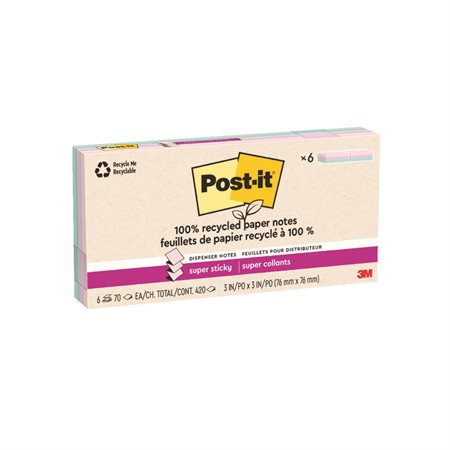 Post-it® Super Sticky Recycled Notes - Wanderlust Pastels 3 x 3 in. Pop-Up. package of 6, 70-sheet pad