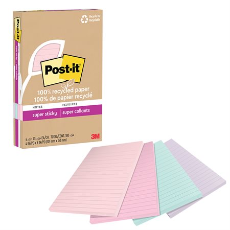 Feuillets recyclés Post-it® Super Sticky - La vie en pastel 4 x 6 po. Ligné. paquet de 4, bloc de 45 feuilles