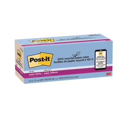 Feuillets recyclés Post-it® Super Sticky - Collection oasis 3 x 3 po. Uni. paquet de 24, bloc de 70 feuilles