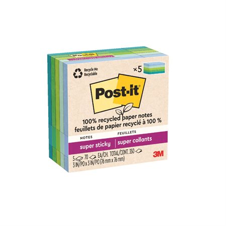 Feuillets recyclés Post-it® Super Sticky - Collection oasis 3 x 3 po. Uni. paquet de 5, bloc de 70 feuilles